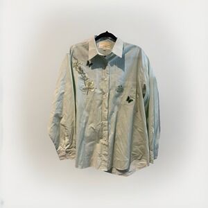 Fortune by Stan‎ Green Butterfly Novelty Button-Down Shirt Floral Appliqué LG